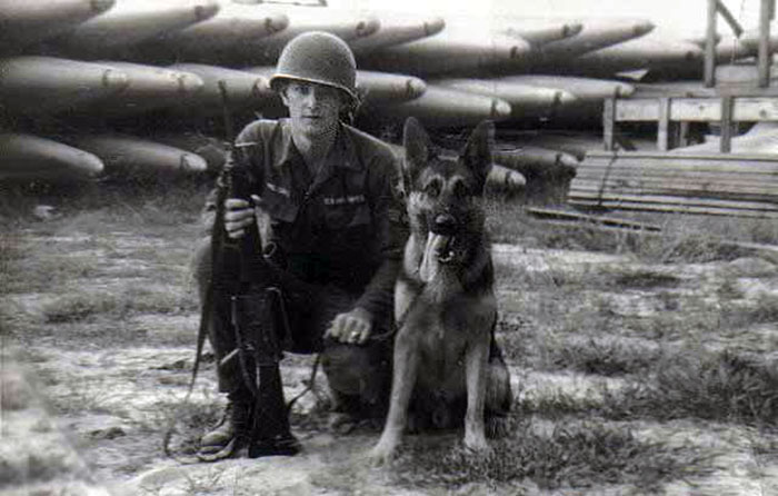 3. Đà Nẵng AB, 366th SPS, K-9: I moved to Colorado, so thought I would pass on this picture of me and shep near the Đà Nẵng Kennels, 1965 . Photo by: Lee Miller, Nov 1966.