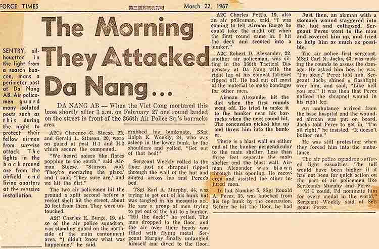 12. Đà Nẵng Air Base: 366th SPS. Air Force Times article, rocket attack, March 22, 1967. Photo by Ronald A. Perez, 1967.