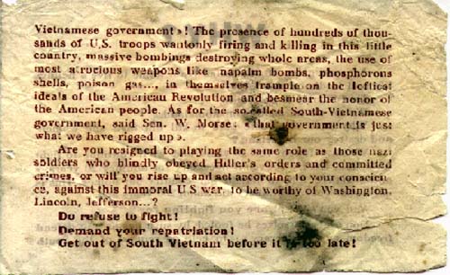 17. Đà Nẵng AB: NVA/VC propaganda card - back. 1965.