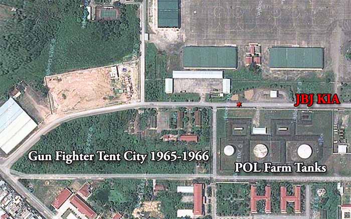 11. Đà Nẵng AB, Tent City: Satellite view as of 2013. POL Farm Tanks are directly North of AP Tent City. Note the red astrisk denoting lockation of mortar crater strike. 1966.