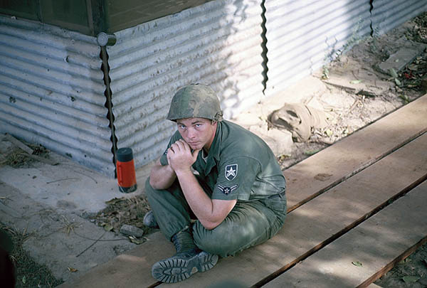 16. Đà Nẵng AB, Tent City: A2C Tom Baker (RIP, Agent Orange, 2007), tentmate of JB, sets quietly. 1966.