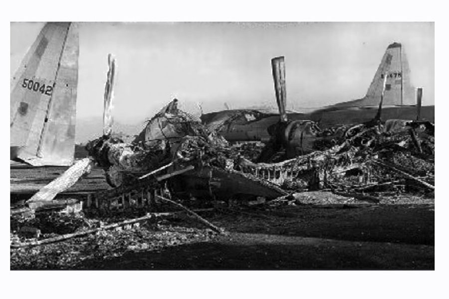 21. Đà Nẵng AB, flight line: 1 July 1965. Destroyed C-130s. 1965.