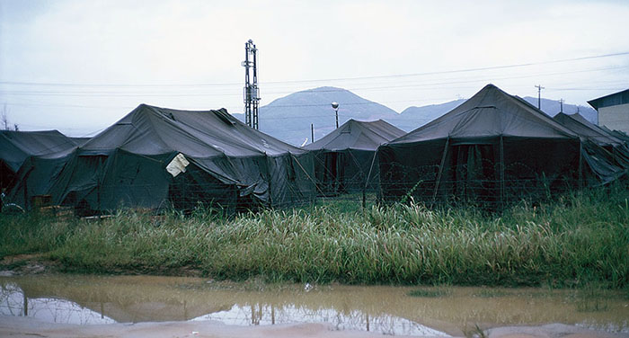 14. Đà Nẵng AB, Tent City: The beginning of the Monsoon season changes everthing. Mostly like being in a sauna. The games change to, like touching the tent top right above where someone is sleeping (water drips through onto the victim: heh-heh). 1965.