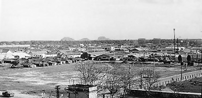 6. Đà Nẵng Air Base: 366th SPS. View to east and Marble Mountain a few miles away with its active runway onto. Photo by Ron Westering, 1966-1967.