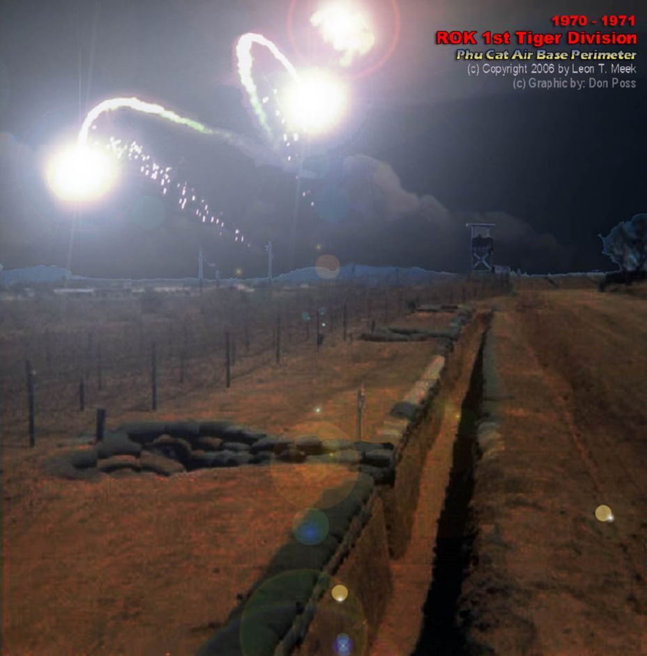 Phu Cat AB, 1st Tiger ROK Division perimeter (Night, composite). 1970-1971. Photo by: Sgt Leon T. Meek, 12th Security Police Squadron, Phu Cat Air Base Vietnam.
Composite by: Don Poss