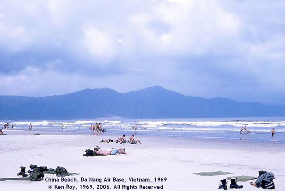 3. Đà Nẵng AB, China Beach, Lifeguard Tower panorama view of China Beach.Monkey Mountain in the background. Photo by: Ken Roy. 1969.