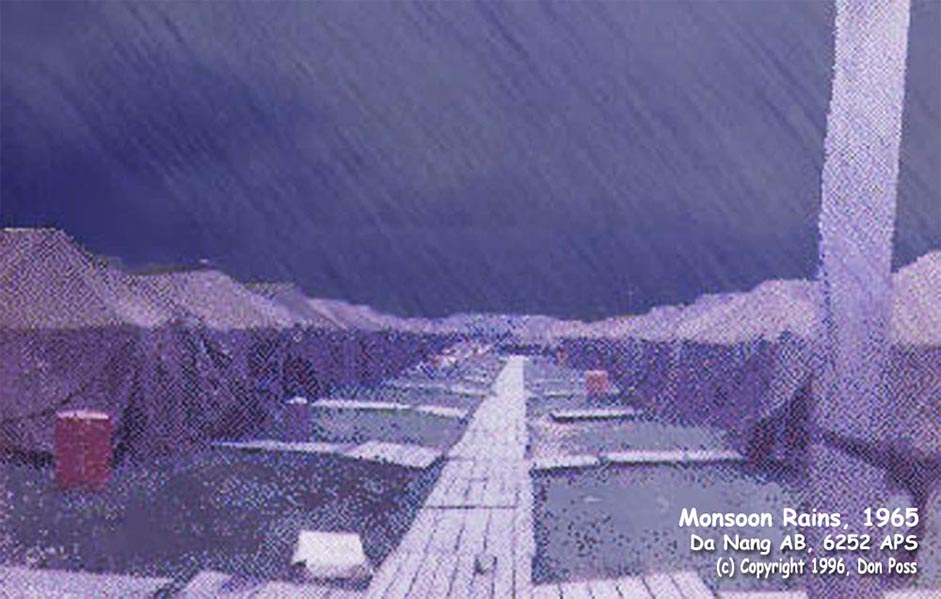 27. Đà Nẵng AB, Tent City: An early graphic art from an old slide photo portraying the Monsoon Rains at Đà Nẵng AB. 1965.