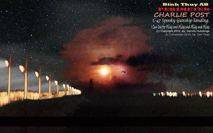 63) 63) Bình Thủy Air Base Perimeter: Charlie Tower post silhouetted against flares. Perimeter floodlights illuminate tall grass and bamboo and push back the tide of night. C-47 Spooky landing. Photo by: Dennis Hutchings. Composite by: Don Poss.. C-47 Spooky landing.