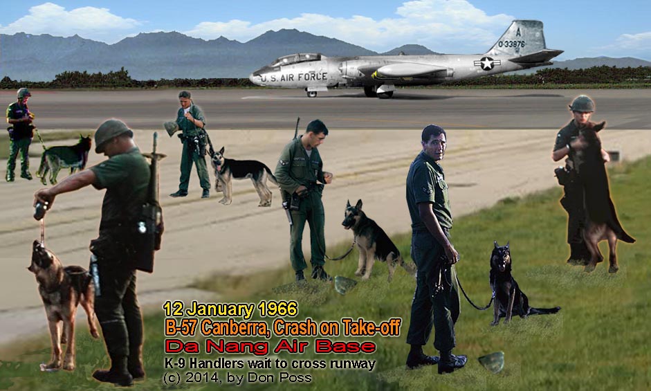 L/R: Lee Miller, Shep A902; Tom Baker, Rex (#9F97); ----; Patrick Compton, Vaughn 826F; Gary Eberbach, Bucky A748; Don Poss, Blackie 129X. waiting to cross Đà Nẵng AB runway, 12 Jan 1966. B-57 crashed on take off killing both pilots.