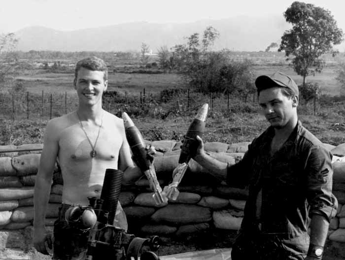 13. Phu Cat AB, L/R: Duran and McDonald, 81mm mortars, Cobra Flight, Charlie 10, Phu Cat. 1968-1969. Photo by: Mike Sipes, PC, 37th SPS, 1968-1969.