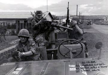 13. Pleiku AB, QRT Jeep. 1968-1969. .50cal: A2C Cliff Larry Sutherland; A1C James Benton; Sgt Jerome Stenke. Photo by: Clifton Larry Sutherland (RIP), PR, 822nd CSPS, 1968-1969.