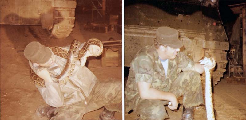 11. and 12. Phan Rang Air Base: Steve Cole pretending to be fighting with a Boa we killed one night. He skinned and clean it, but they wouldn't let me bring it home. Photo by: Joe Taragowski, PR, 35th SPS, 1970.