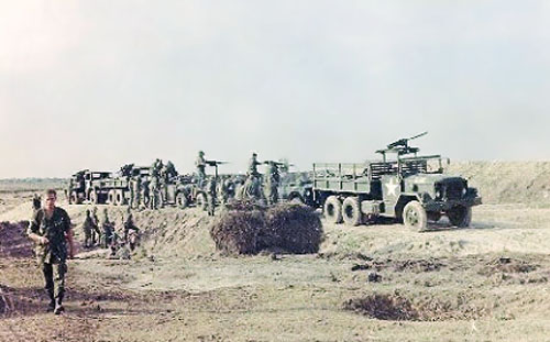 16. Tan Son Nhut AB, 377th SPS Special Weapoons Unit Convoy out for weapons testing. .50-cal., 60-mm Mortars, Quad-50's, LAAW (Light Anti-Tank Weapons), and other toys. 1968. Photo by: Larry Blades, TSN, 377th SPS, 1967-1968.