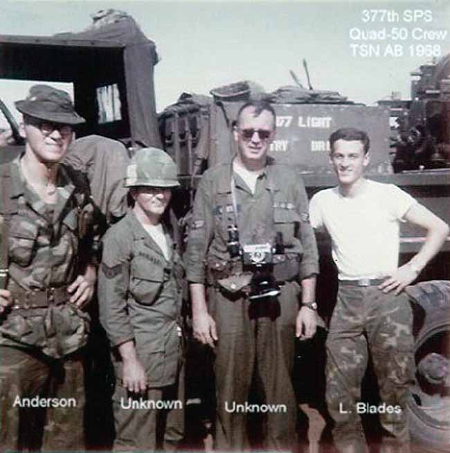 5. Tan Son Nhut AB, Security Police SAT Heavy Weapons, Quad-50s. 1968. L/R: Anderson, Unknown, Unknown, Blades. Photo by: Larry Blades, TSN, 377th SPS, 1967-1968.