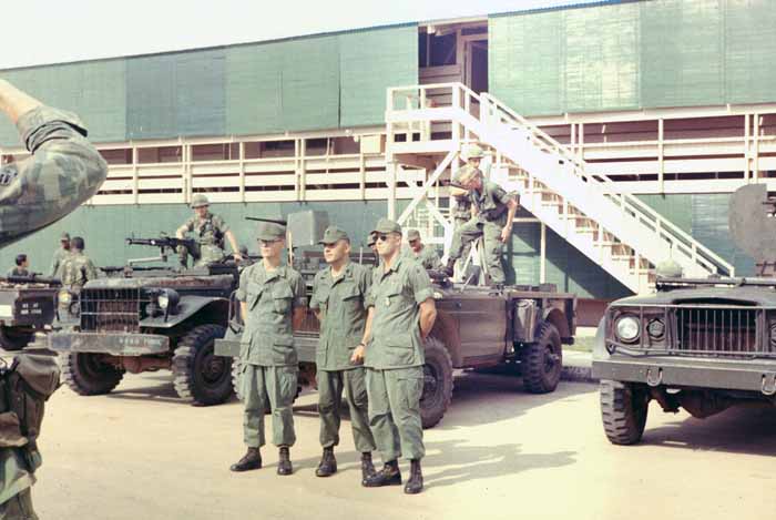 10. Tan Son Nhut AB, 377th SPS, Captain (?) and Lieutenants (?) with QRT SAT vehicles, with .50 cal., and M60 weaposn.s 1967-1968. Photo by: Phil Block, LM 203, BH, 3rd SPS; TSN, 377th SPS, 1967-1968.