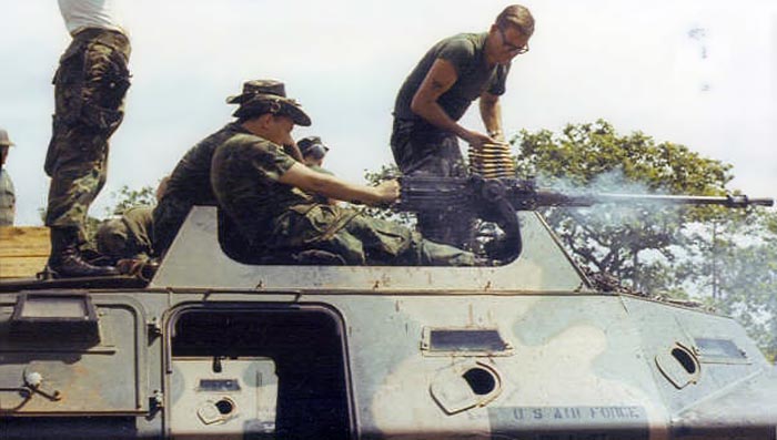 2. Ubon RTAFB. V100 .50cal. machinegun. Putting out rounds! 1971-1972. Photo by: Everett (Willie) Squires,UB, 8th SPS, HW, 1971-1972.