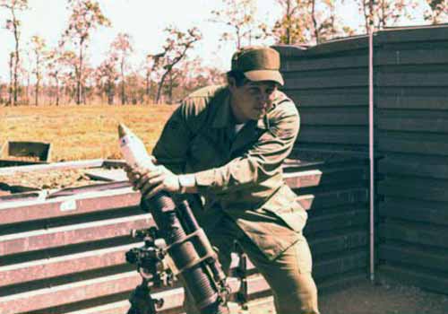 6. Korat RTAFB: Sgt David Worthen, fires another mortar. 1972-1973. Photo by: David Worthen, BH, 3rd SPS; KRT, 388th SPS. 1969-70; 1972-73.