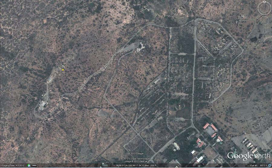 2. Google Satellite image (current): Nui Dat base and compound roads and old foundations can still be seen. The yellow dot (center/left) marks Nui Dat hill's elevation of 520 feet.