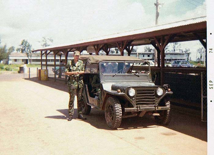 2. NKP RTAFB: Tsgt Hall, Flight Chief behind the wheel and Sgt McCoole standing next to jeep. Photo by John Schwendler. 1974-1975.