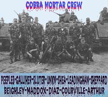 2. Phu Cat AB, Cobra Mortar Crew: L/R: Peeples, Galliker, Sluter, Unknown, Shea, Leadingham, Sheppard, Beighley, Maddox, Diaz, Courville, and Arthur. Photo by: Arthur.