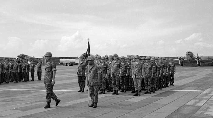 16. The 37th SPS at the wing change of command parade. Major John Ross led the marching detachment. Photo by Don Bishop. 1969-1970.