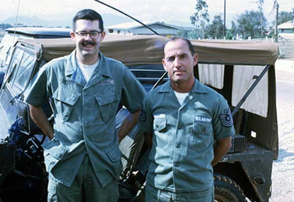 25. 1Lt Donald Bishop and 37th SPS First Sergeant Frank Hollenbach, March 19, 1970. I left the squadron area for the last time ten minutes later. Photo by Don Bishop. 1969-1970.