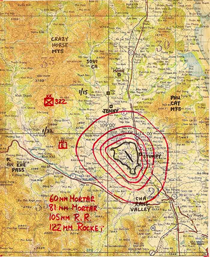 Before leaving, I marked a transparency for the map of the Phu Cat area, using the map in the Squadron Commander's office.  The concentric red lines around the base mark the ranges for enemy standoff attacks using the 60mm mortar, the 81mm mortar, the 105mm recoilless rifle, and the 122mm rocket.  Obviously the NVA didn't have to venture very far from their mountain hideaways to set up 122mm rockets that could reach the base.  I also marked the (supposed) location of enemy units from a recent intelligence report.  The 322nd NVA Division was the main unit, and it had a sapper company (the 