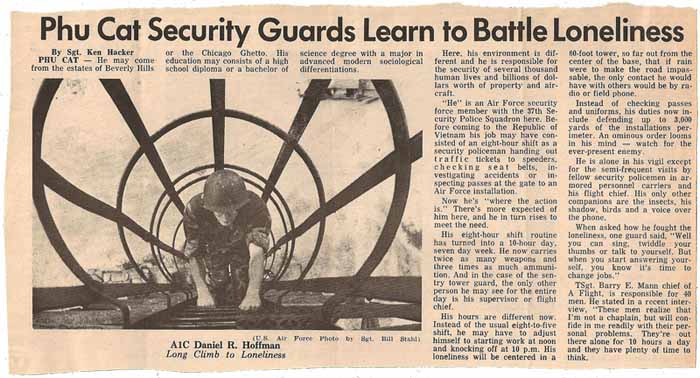 38. News Article: Phu Cat Guards Learn to Battle Loneliness. Clipping from Don Bishop 1969-1970.