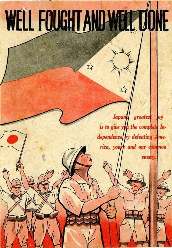 Well Fought and Well Done, an Imperial Japanese propaganda poster from WWII trying to portray the Japanese occupation of the Philippines as the liberation of Asians from western rule (1942)