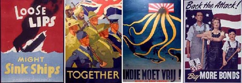 WWII Posters: Loose Lips Might Sink Ships; Together! Back The Attack! Buy More Bonds!