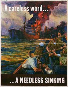 WWII Posters: A Careless Word ... A Needless Sinking! (Sailors rowing away from torpedoed burning ship)