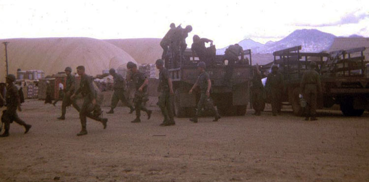 34. Phan Rang Air Base: 35th APS, Getting Off Shift. Note inflatible wharehouses.