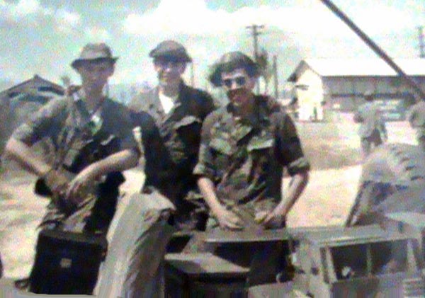 3. Phan Rang Air Base: 35th SPS: Convoy SAT from Phan Rang to Cam Ranh Bay AB. 1969 Photo by: Jim Sullivan.L/R: Vic Markle, Rick Hernandez, and Sgt Jim Sullivan.
