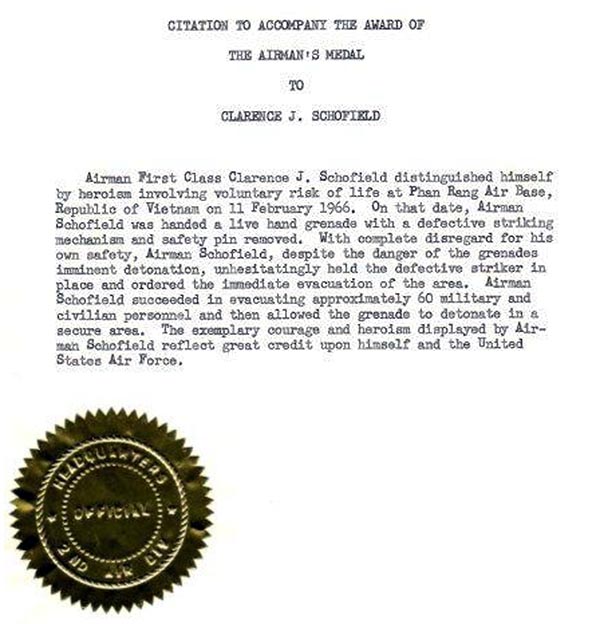 2. Citation to Accompany The Award of The Airman's Medal to Clarence J. Schofield