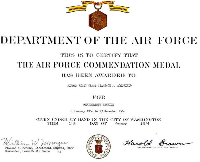 11. DOAF: Award of The Air Force Commendation Medal to A1C Clarence J. Schofield. 14 Jan 1967.