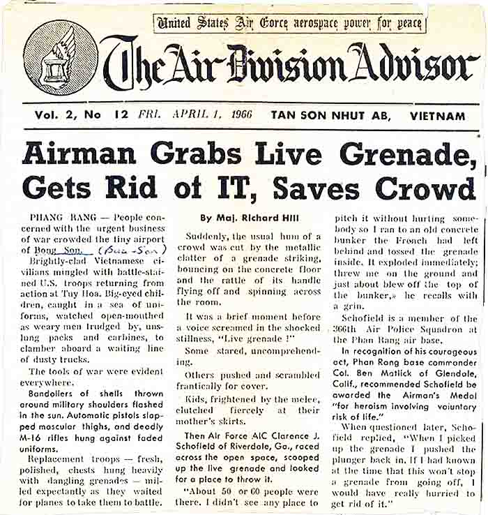 News Article: The Airman Advisor, 1 April 1966, TSN SVN, Airman Grabs Live Grenade... Saves Crowd.