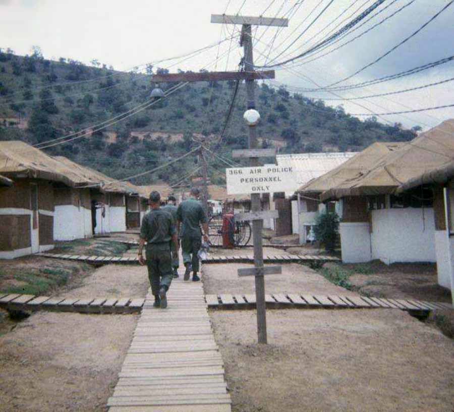 2. Phan Rang Air Base: Nui Dat Hill, 366th APS: Tent-Huts and wooden plank-walks for monsoon weather, with Nui Dat hill in background.