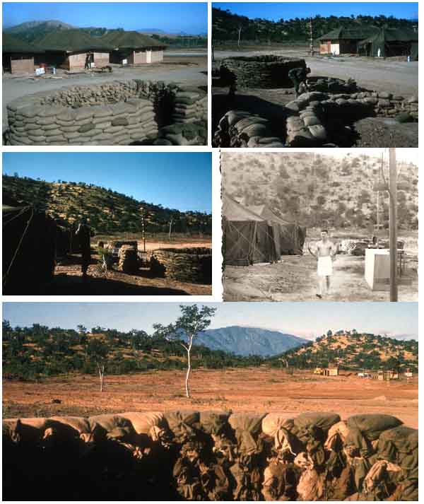 3. Top Left: Getting our tents upgraded to hooches! Top Right: Mid-1966 camp view. Center-Left: Early 1966. Center-Right: Now what is he trying to say? Did the shower generator shut down again? Bottom: View from a sandbag bunker.