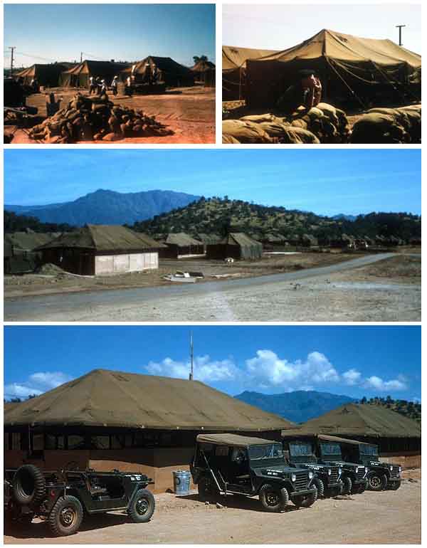 2. Top Right: Our 1966 luxury apartments. Top Left: Our Home. Middle: Tents, mid-1966. Bottom: USAF Air Police Jeeps.