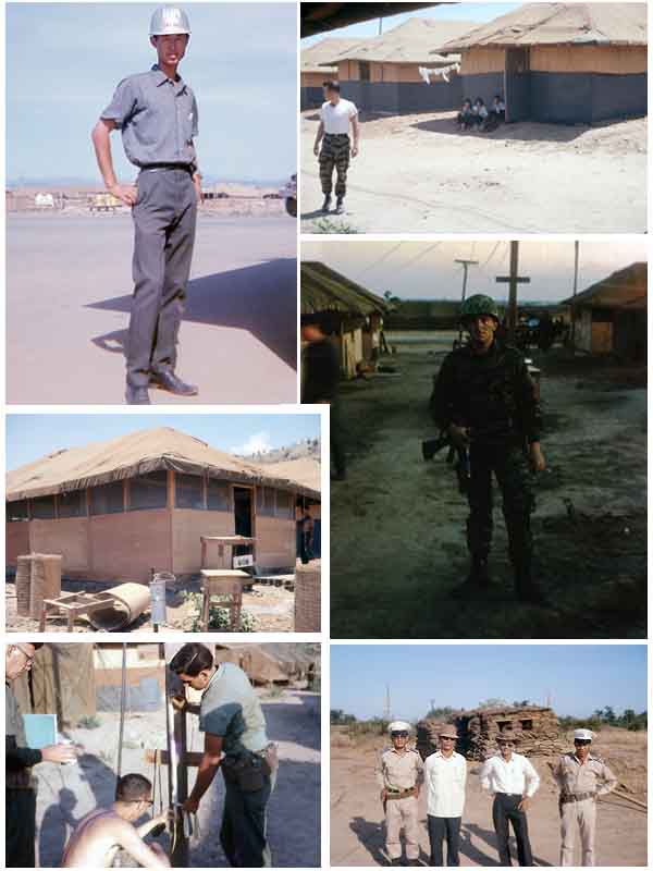 4. Top Left: Korean Contractor and our Karate. Top Right: Tom Mullen, and ladies checking out my then-Buns-of-Steel! Center-Left: 1966, upgrading the tents. Center-Right: Vance Yemc, befo patrol with the 101st. Bottom-Left: Tom Mullen, skinning my Cobra killed on the perimeter. Bottom-Right: Vietnamese Security.