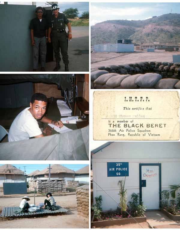 5. Top Left: Airman Kendall and Vietnamese Counterpart. Top Right: We got our shower! Center-Left: Writing Home (name?). Center-Right: ID Card - The Black Beret, 366th APS, Phan Rang AB. Bottom-Left: Mamasans doing cleaning. Bottom-Right: 35th Air Police Squadron Headquarters, with Merry Christmas decorations on door.