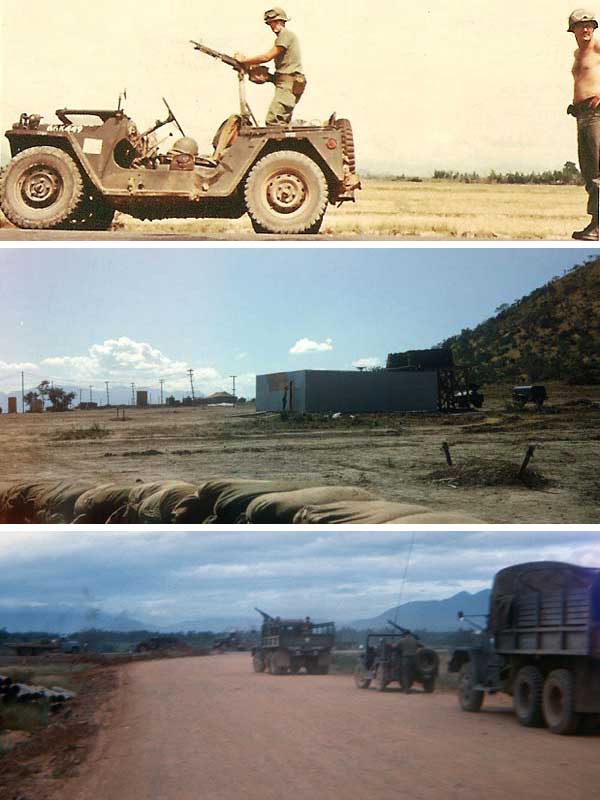 7. Top: Tom Mullen, getting ready for a Convoy escourt. Middle: Great view of Showers and P-tube urinals! Bottom: Convoy escourt to Cam Ranh Bay AB Air Base.