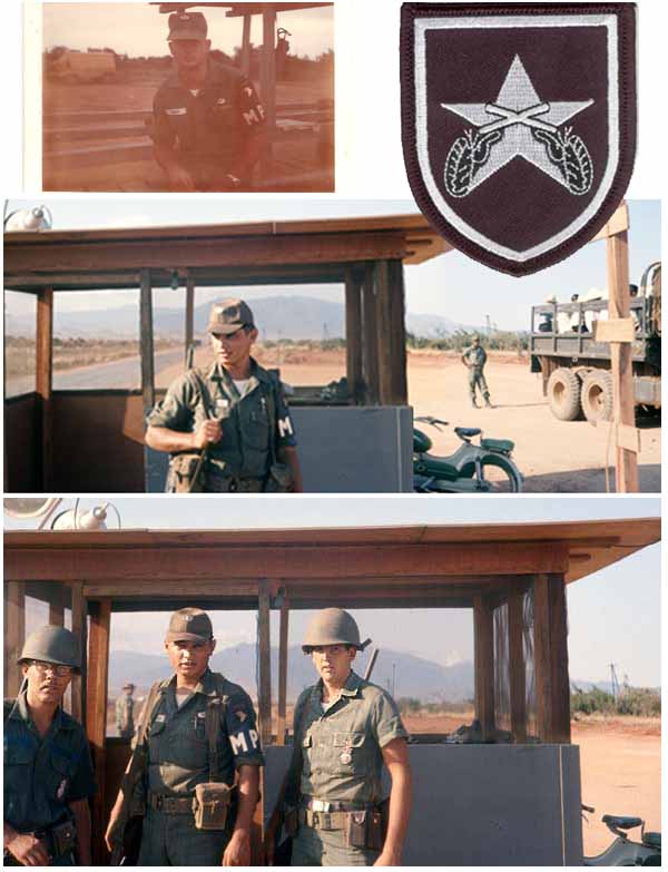 9. Top Left: MP 101st Burns, a good friend of mine. Top Right: Military Police, AP Crossed Pistols. Center: (Composite photos) MP 101st Martinez, and friend; Vietnamese civilian workers arriving for work. Bottom: Outer Perimeter Gate, mained jointly by 101st and 35th APS.