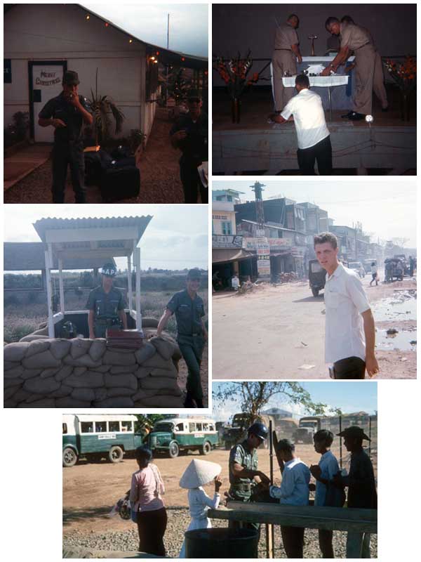 10. Top Left: Airman Gene Love, packed and Going Home! Top Right: Tom Mullen, Sunday Services. Center-Left: Main Entrance Gate. Center-Right: Airman Nichols, in lovely Thap Cham, SVN. Bottom: Tom Mullen, inspecting Me-No-VC Civilian Vietnamese workers.