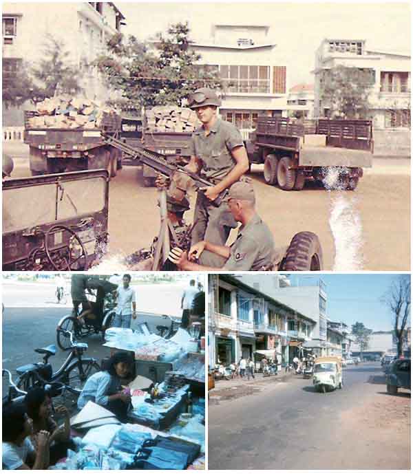 11. Top: Tom Mullen and SSgt (?) on Convoy escourt to Nha Trang Air Base. Bottom-Left and Bottom-Right: Downtown 1966 street markets.