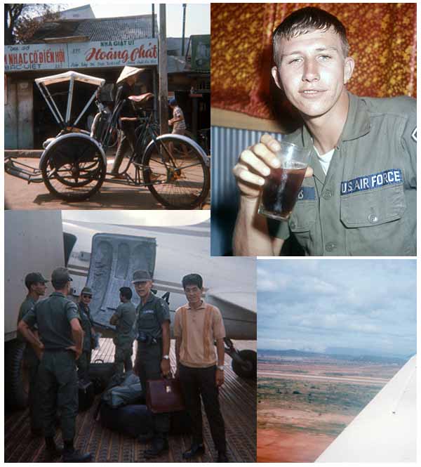 13. Top Left: Another trip downtown, for souveniers. Top Right: Nothing like a soda... Bottom-Left: Airman Bob Merril, catching a plane to catch the Freedom Bird home! Bottom-Right: 1966 - Up, Up, and AWAY from Here!