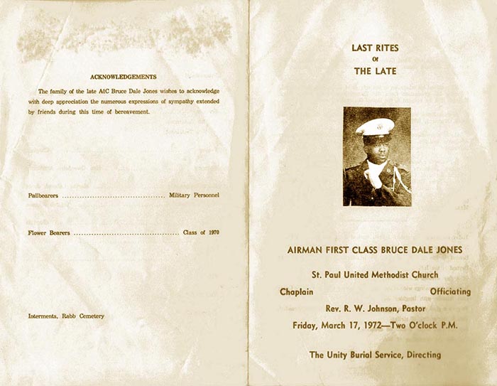(123) St. Paul United Methodist Church: Last Rites bulletin for Airman First Class Bruce Dale Jones (posthumously promoted).