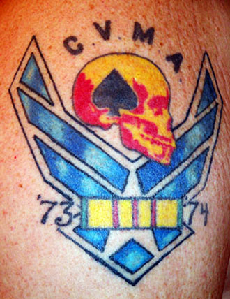 21. Allen Workman, LM 256, had tat done in 2005. Represents USAF time in NKP. Skull and Ace are for the Combat Veterans Motorcycle Assn. (above)