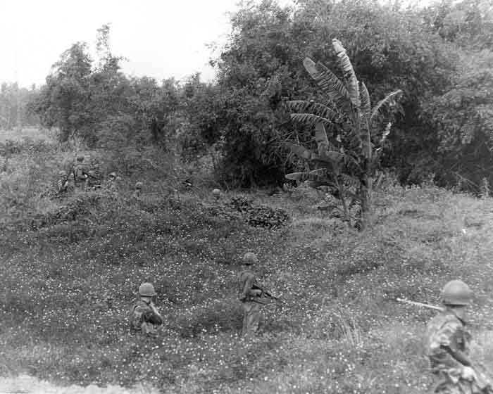8. Photo Above: 377th APS Airmen search perimeter fields, scrub brush, heavy foialage and forest for concealed VC and NVA sappers. 600th Photo Squadron, Vietnam.