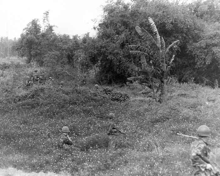 8. Photo Above: 377th APS Airmen search perimeter fields, scrub brush, heavy foialage and forest for concealed VC and NVA sappers. 600th Photo Squadron, Vietnam.
